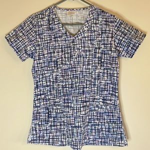 Willow Brook Womens XS Lavender/Blue/White Geometric Line Scrub Top